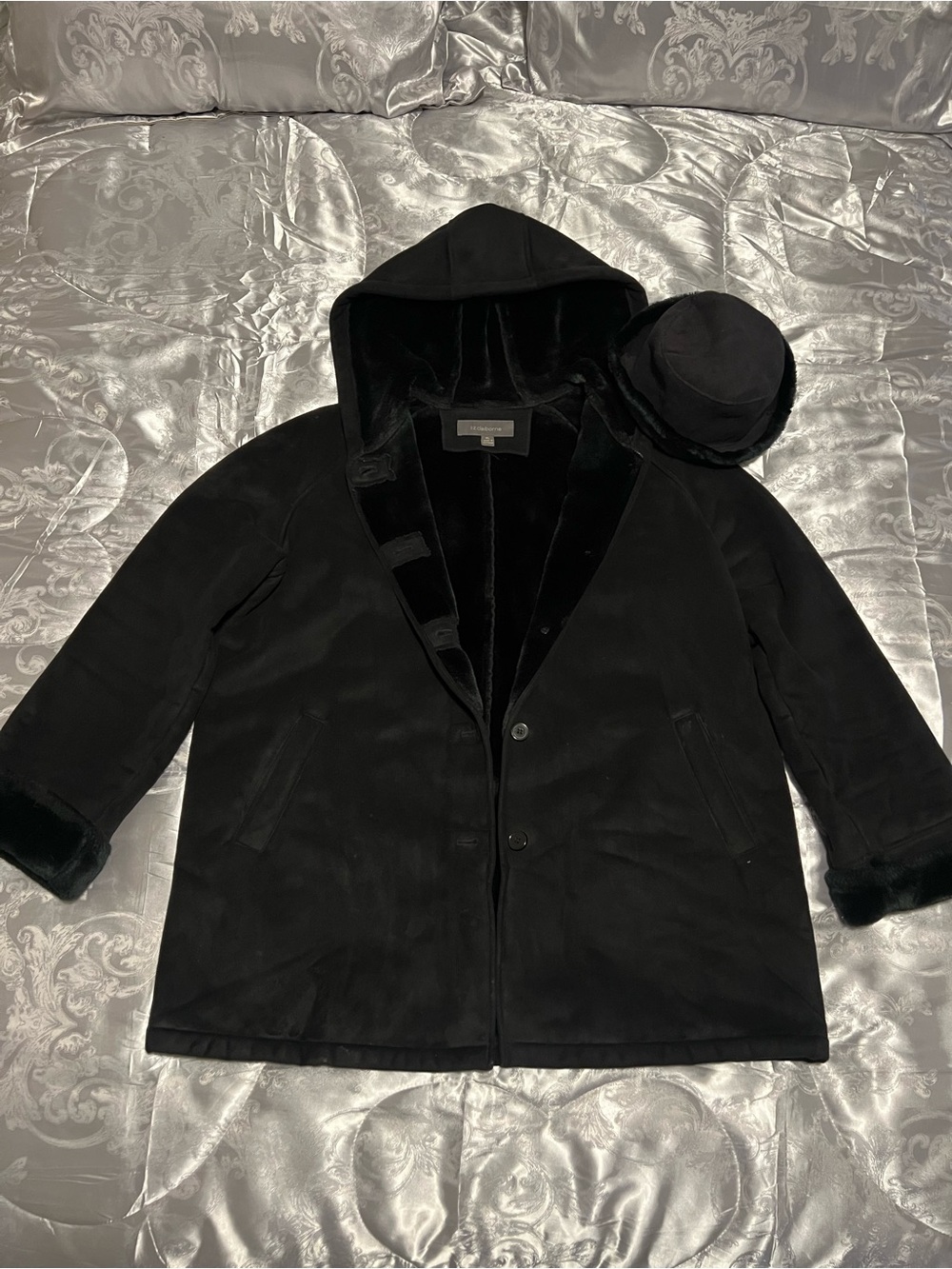 Liz Claiborne Black Hooded Suede Coat with Faux-Fur Trim